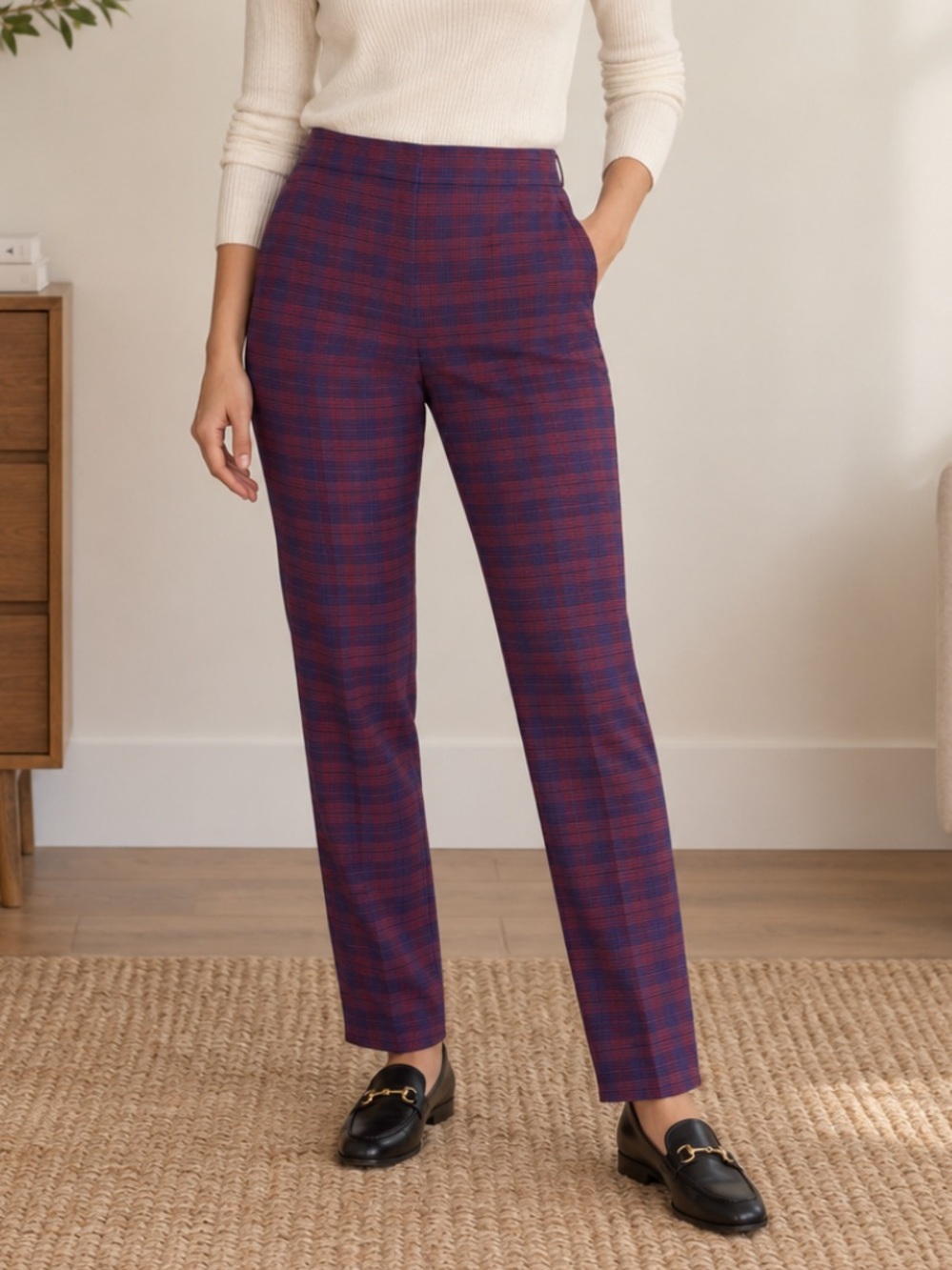 Hugo Boss Tartan Plaid Mid-Rise Straight Trouser Pant Preppy Career Blue 2